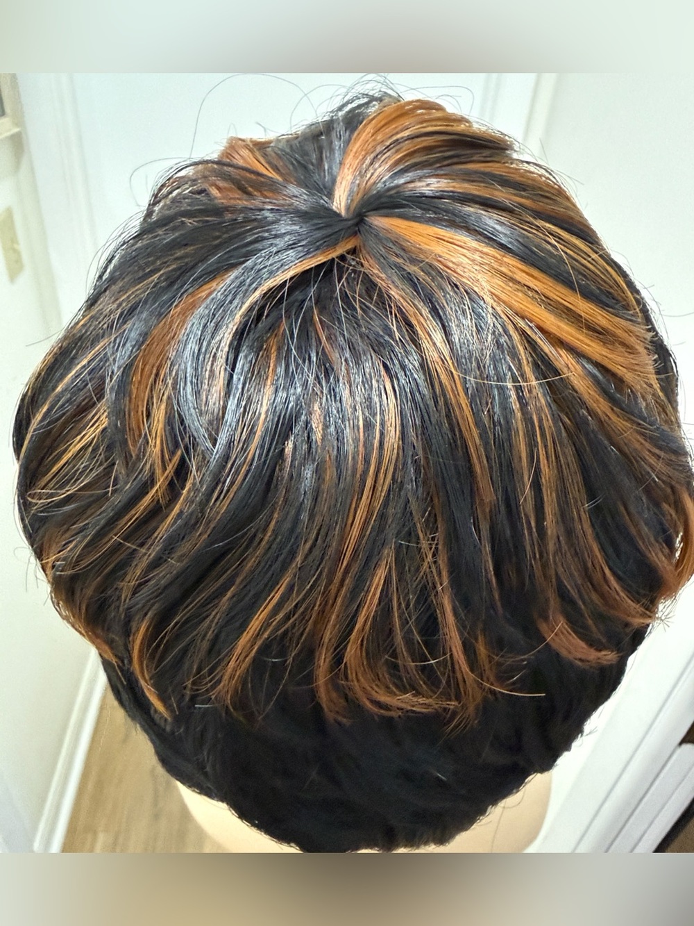 HAIR, Pixie Cut with Bangs, Black with Copper/Carmel highlights - Picture 6 of 13
